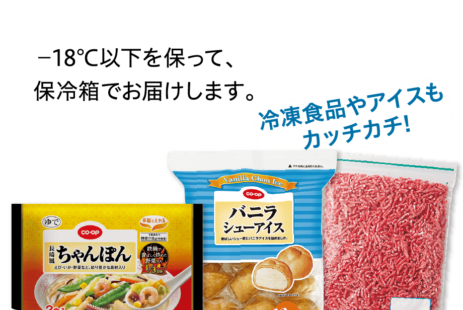 -18℃以下を保って、保冷箱でお届けします。冷凍食品やアイスもカッチカチ！